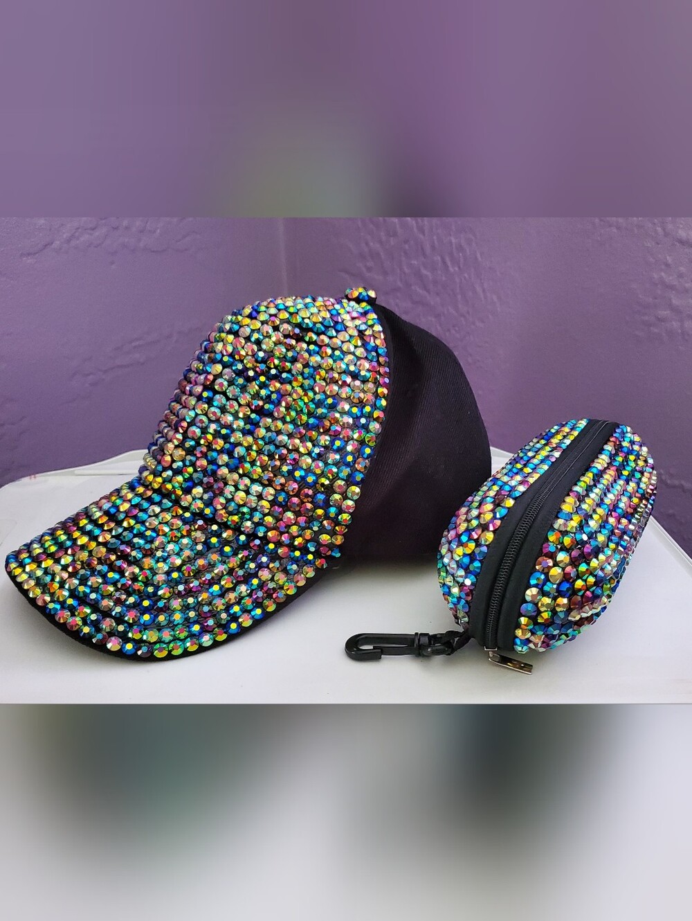 Rhinestone Embellished Baseball Cap with Hard Pouch/Case - Iridescent